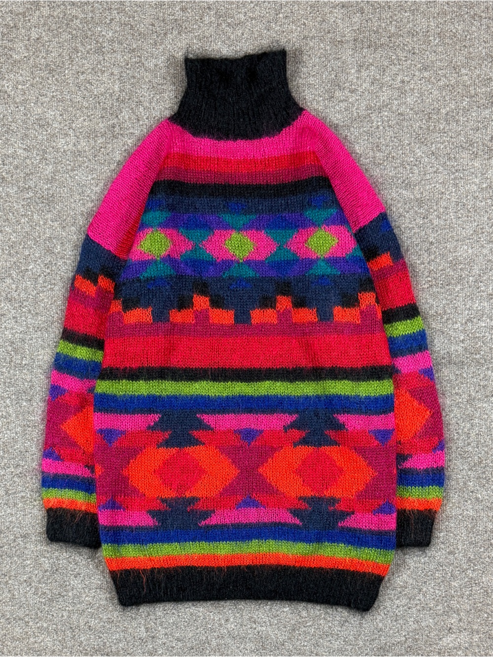 Vintage Colorful Mohair Wool Hand Knit Turtleneck Sweater Mini Dress Women’s M